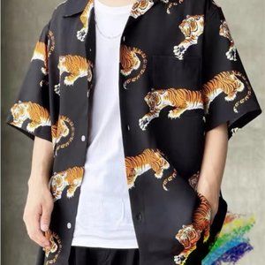 Tiger Hawaiian flowy button up shirt, black, women, men, unisex